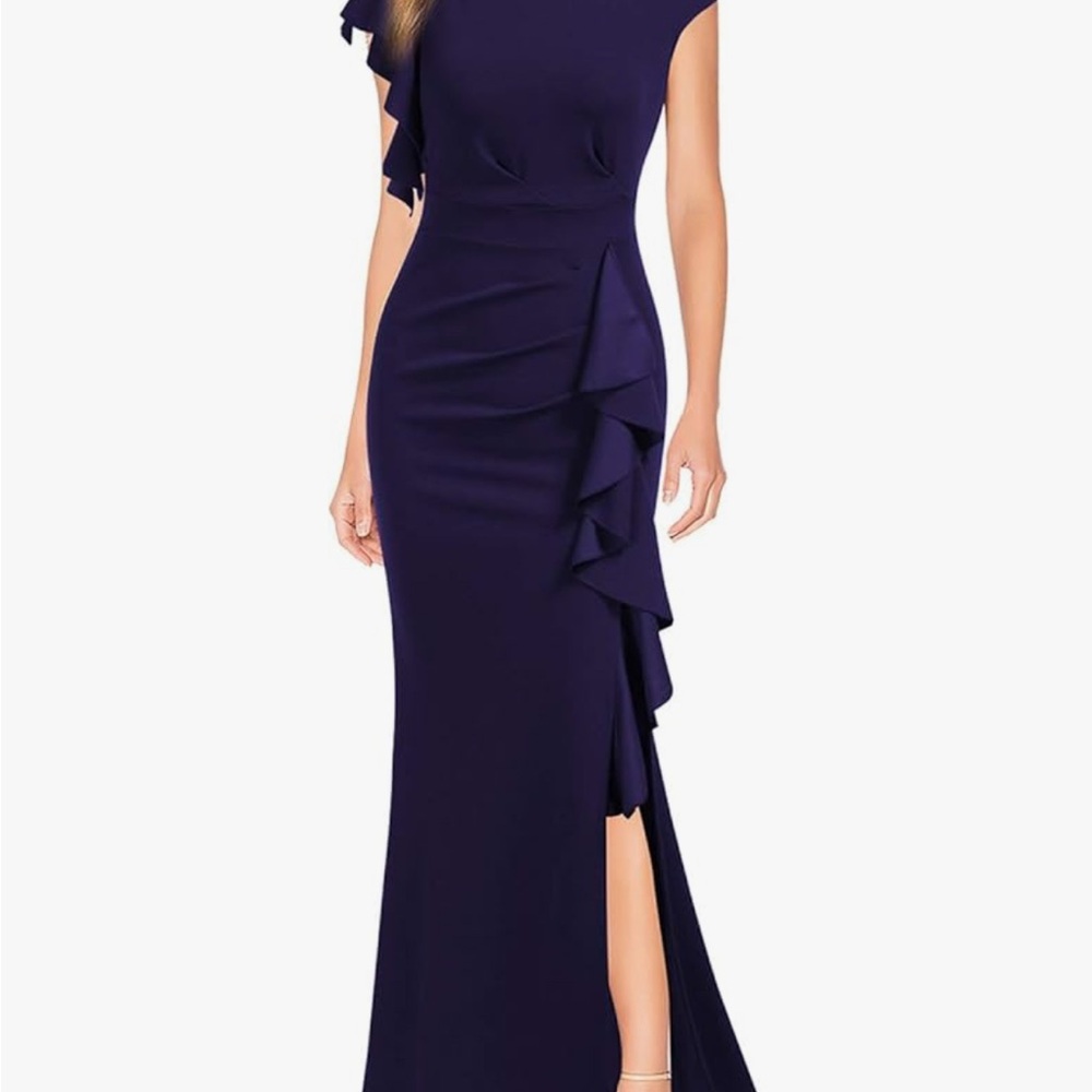 Blue One Shoulder Ruffled Slit Gown